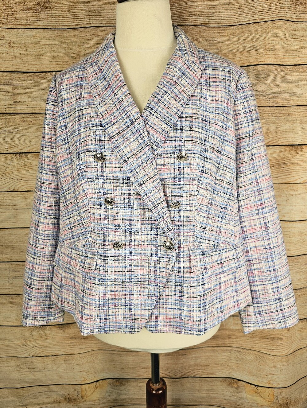 Talbots Women’s Plus Petite Pink Plaid Tweed Blazer Jacket Size 16 P